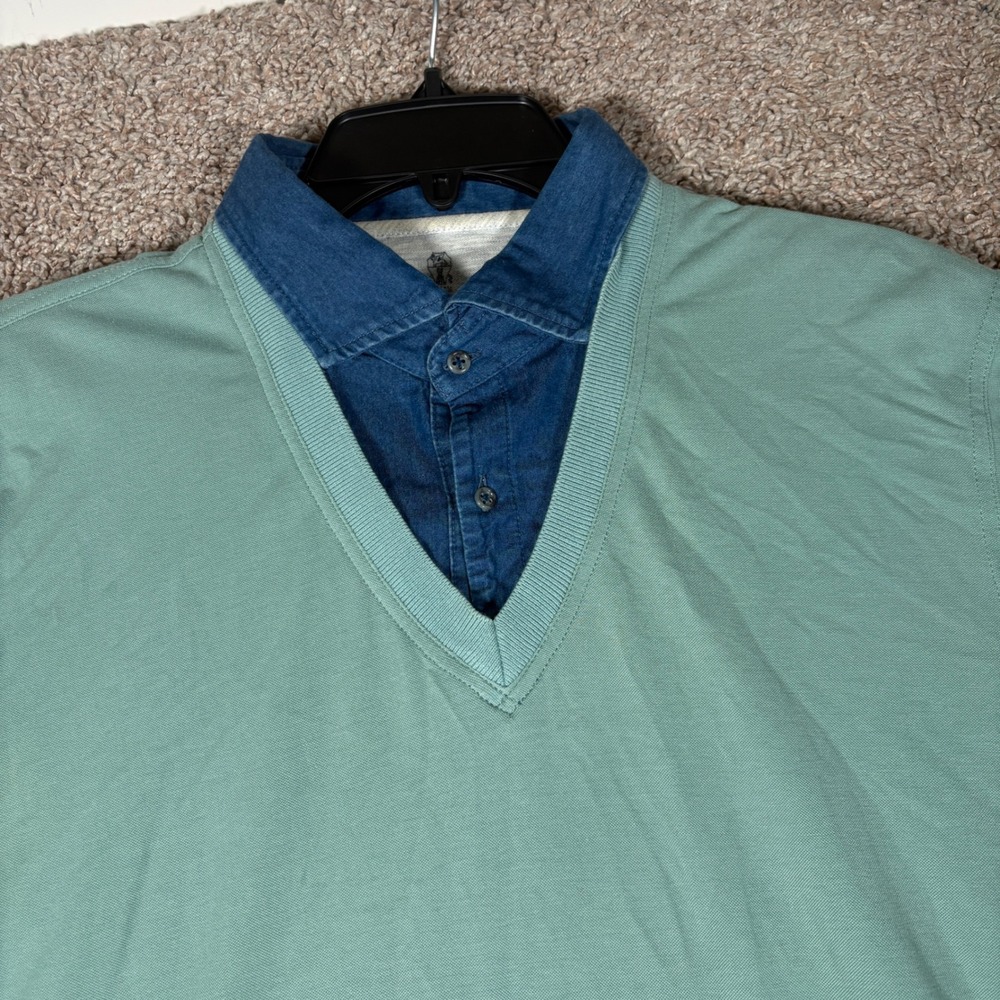 Brunello Cucinelli Mens Mint Green Layered Denim Collar Polo Shirt Slim XXL